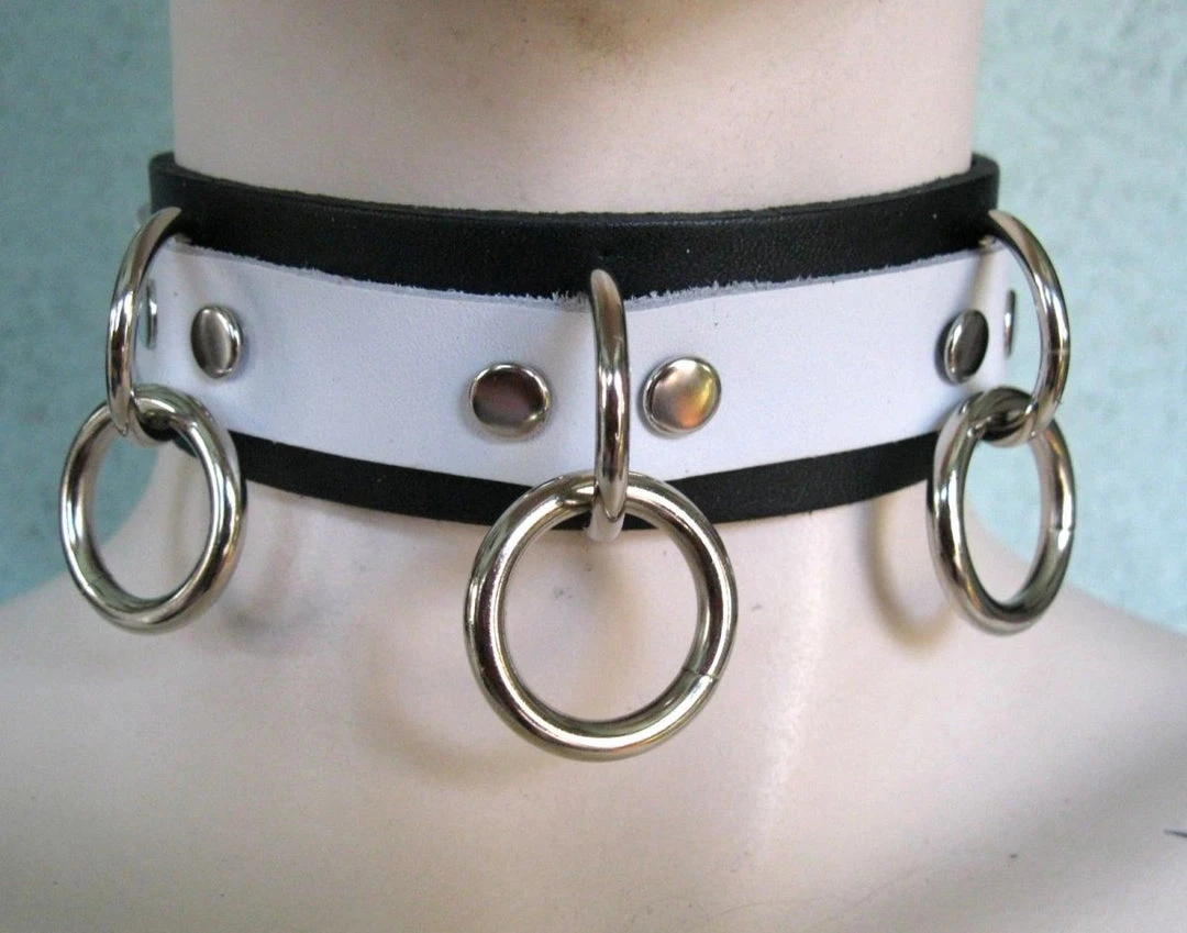 Ape Leather White On Black Leather Bondage Choker With 3 Rings Men's Stuff 3 Ape Leather White On Black Leather Bondage Choker With 3 Rings Men's Stuff
