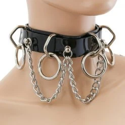 Funk Plus Chokers And Collars Black Vinyl 4-Ring Hanging Chain Choker