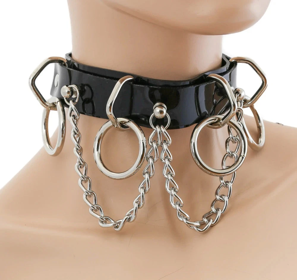 Funk Plus Chokers And Collars Black Vinyl 4-Ring Hanging Chain Choker 3 Funk Plus Chokers And Collars Black Vinyl 4-Ring Hanging Chain Choker