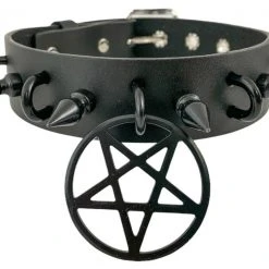 Funk Plus 1 1/4" LEATHER CHOKER WITH U RING AND 2" STAINLESS STEEL PENTAGRAM RING