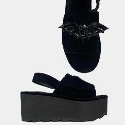 Strange Cvlt Lilly Bat Black Velvet Platform Sandal Footwear