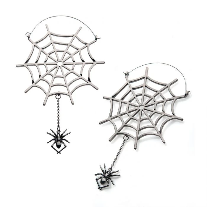 BodyVibe Stainless Steel With Silver Plated Spider Web And Dangling Spider Plug Hoops 3 BodyVibe Stainless Steel With Silver Plated Spider Web And Dangling Spider Plug Hoops