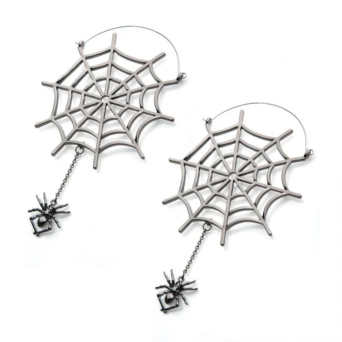 BodyVibe Stainless Steel With Silver Plated Spider Web And Dangling Spider Plug Hoops 4 BodyVibe Stainless Steel With Silver Plated Spider Web And Dangling Spider Plug Hoops