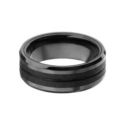 INOX Black Plated With Double Line Solid Carbon Fiber Ring Men's Stuff