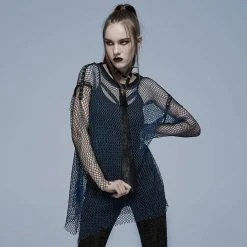 Punk Rave Grunge Double Color Splice Mesh Top - Black And Blue Men's Stuff